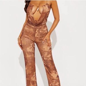 Brown Printed Flare Leg Jumpsuit